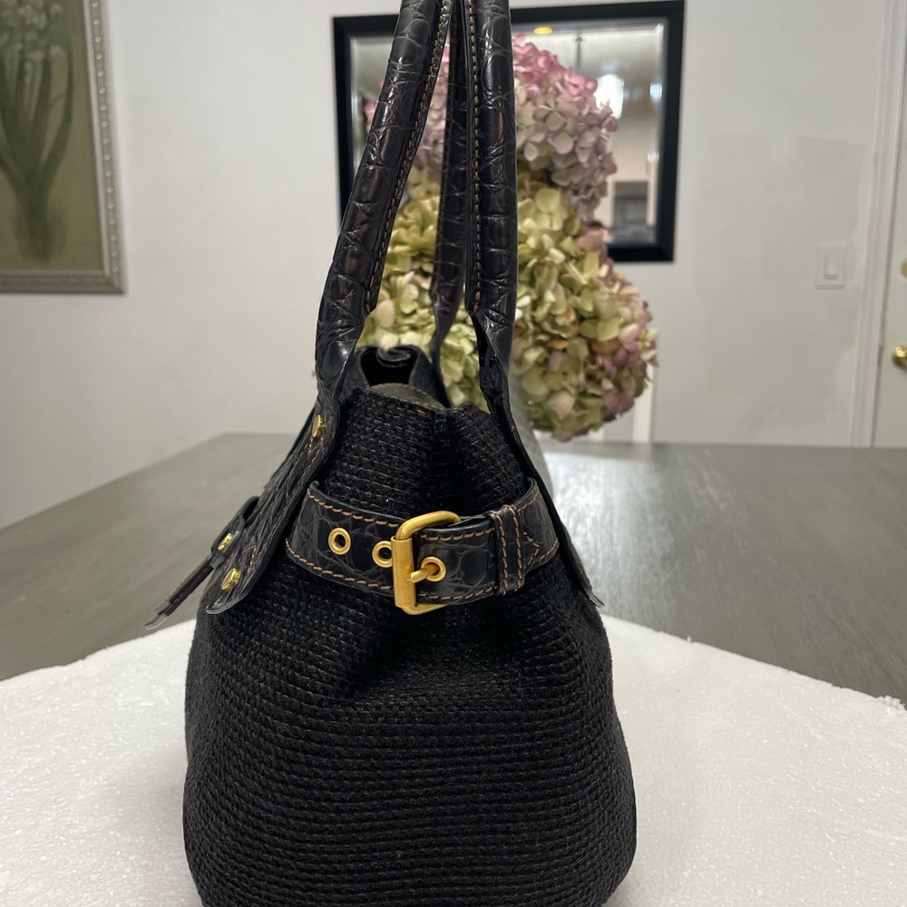 Eric Javits New York Black Woven Raffia Leather Trim Shoulder Bag